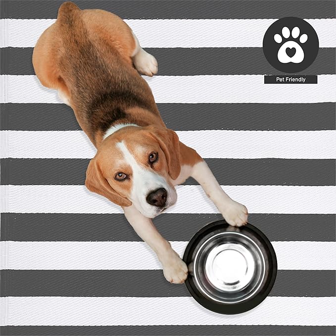 FH Home Outdoor Rug - Waterproof, Fade Resistant, Reversible - Premium Recycled Plastic - Striped - Large Patio, Deck, Sunroom, RV, Camping - Brittany Stripe - Gray & White - 9 x 12 ft Foldable