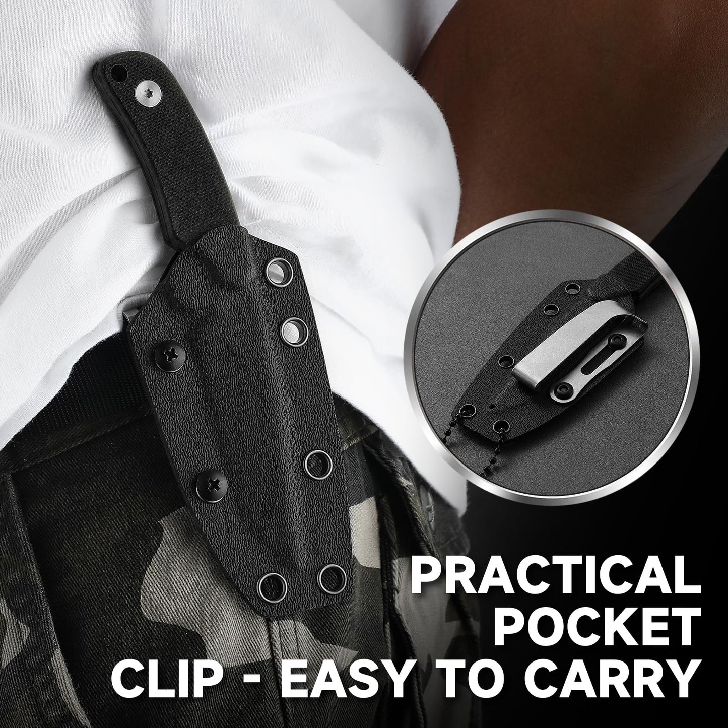 Omesio Tanto Neck Knife, Small Fixed Blade Knife with Kydex Sheath and Clip, Full Tang 6" Neck Knife with Sheath and Necklace, Mini Tactical EDC Knife D2 Steel G10 Handle(White Steel+ Black Handle)
