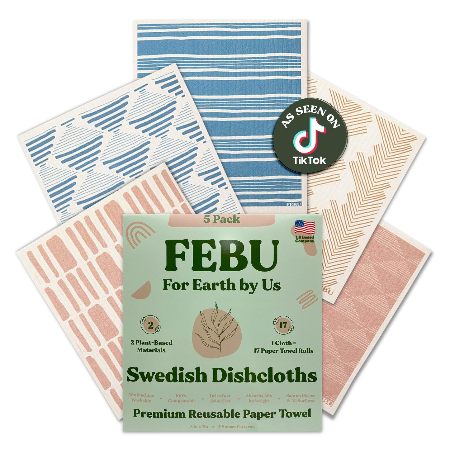 FEBU Swedish Dishcloths for Kitchen | 5 Pack Japanese Reusable Paper Towels Washable | Swedish Dish Towels | Non-Scratch Cellulose Sponge Cloths | No Odor, Biodegradable Cleaning Cloths