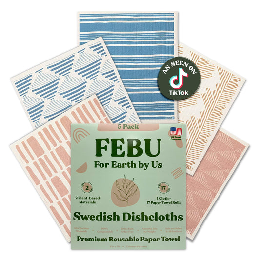 FEBU Swedish Dishcloths for Kitchen | 5 Pack Japanese Reusable Paper Towels Washable | Swedish Dish Towels | Non-Scratch Cellulose Sponge Cloths | No Odor, Biodegradable Cleaning Cloths