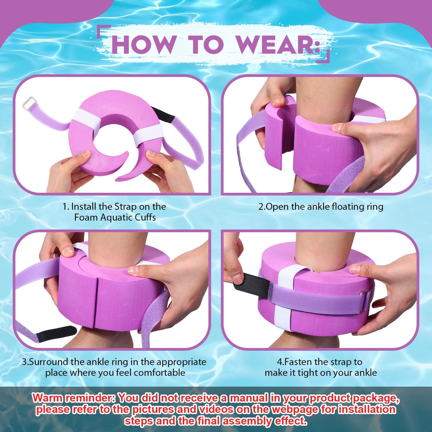 RoundFunny 2 Pcs Foam Swim Aquatic Cuffs Equipment Water Aerobics Float Ring with Detachable Hook and Loop Fastener Fitness Workout Set for Swimming Fitness Training Pool Exercise (Purple)