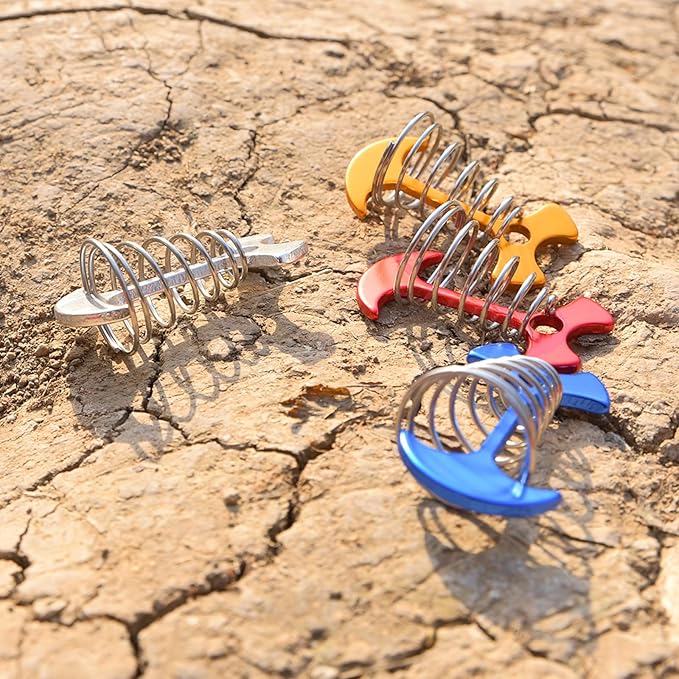 TRIWONDER 6pcs Deck Plank Board Tent Stakes Aluminum Spring Anchor Fishbone Guyline Cord Adjuster Tent Pegs with Carabiners for Outdoor Camping Hiking