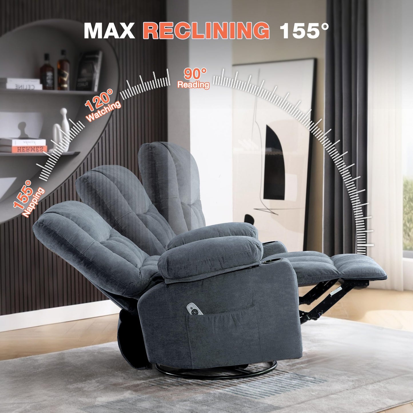 Massage Swivel Recliner Chair with Vibration Massage and Lumbar Heating for Adults, Oversized Rocker Recliner Single Sofa with Side Pocket, Two Cup Holders and USB Charge Port for Living Room
