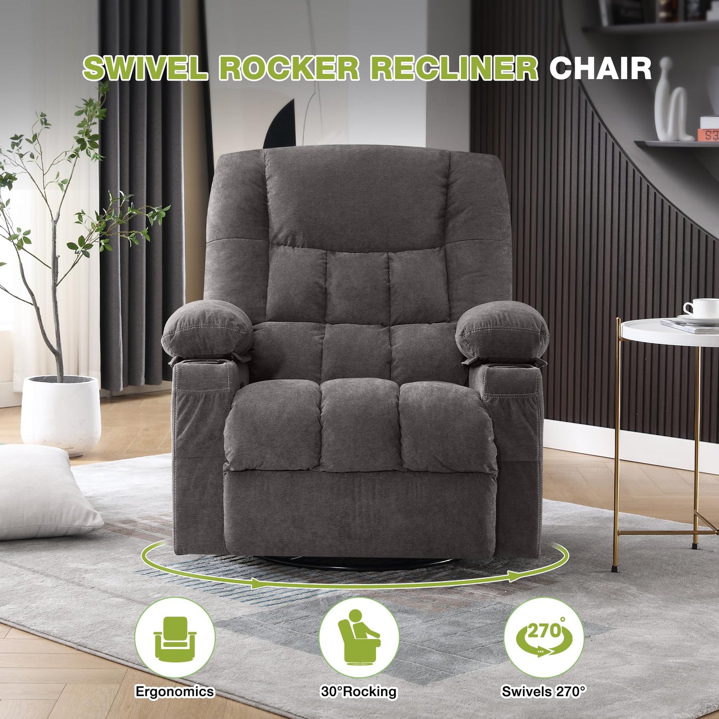 Power Swivel Recliner Chair with Ergonomic for Adults, Oversized Recliner Single Sofa with Rocking Function, Side Pocket, Two Cup Holders and Remote Control for Living Room
