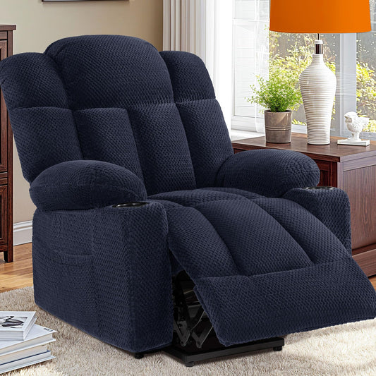 CFVYNE Power Lift Recliner Chair for Elderly with Massage and Heated, 3-Position, 2 Cup Holder, USB-A & USB-C, Soft Plush Fabric, Side Pocket Navy Blue