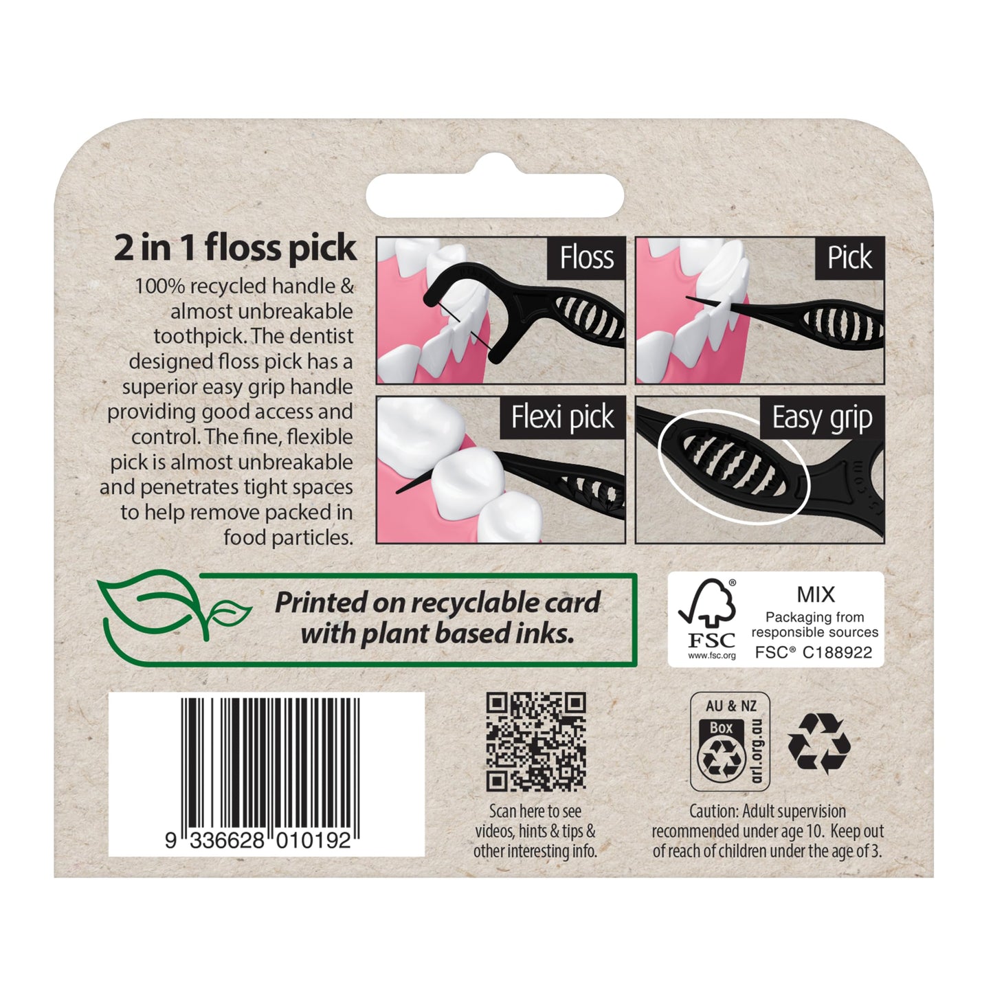Piksters SupaGRIP Eco Floss Picks 100 Count Value Pack - 100% Recycled Easy Grip Handle, 2 in 1 Dental Picks for Teeth Cleaning and Gum Health, Nearly Unbreakable