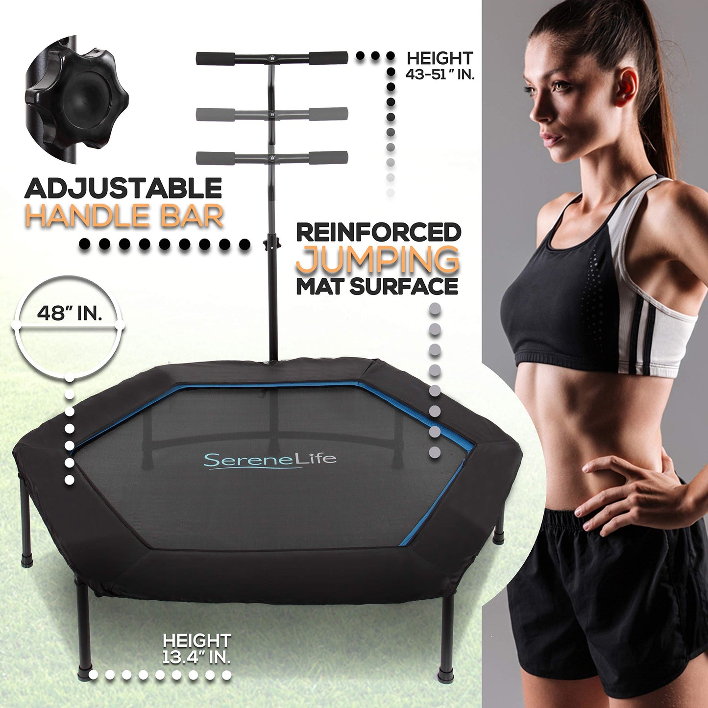 SereneLife Fitness Exercise Rebounder Mini Trampoline-48' Inch Hexagonal Jump Exercise Equipment Mini Trampoline For Adults-Rebounders Mini Trampolines For Adults With Bar Handle-SereneLife SLELT518