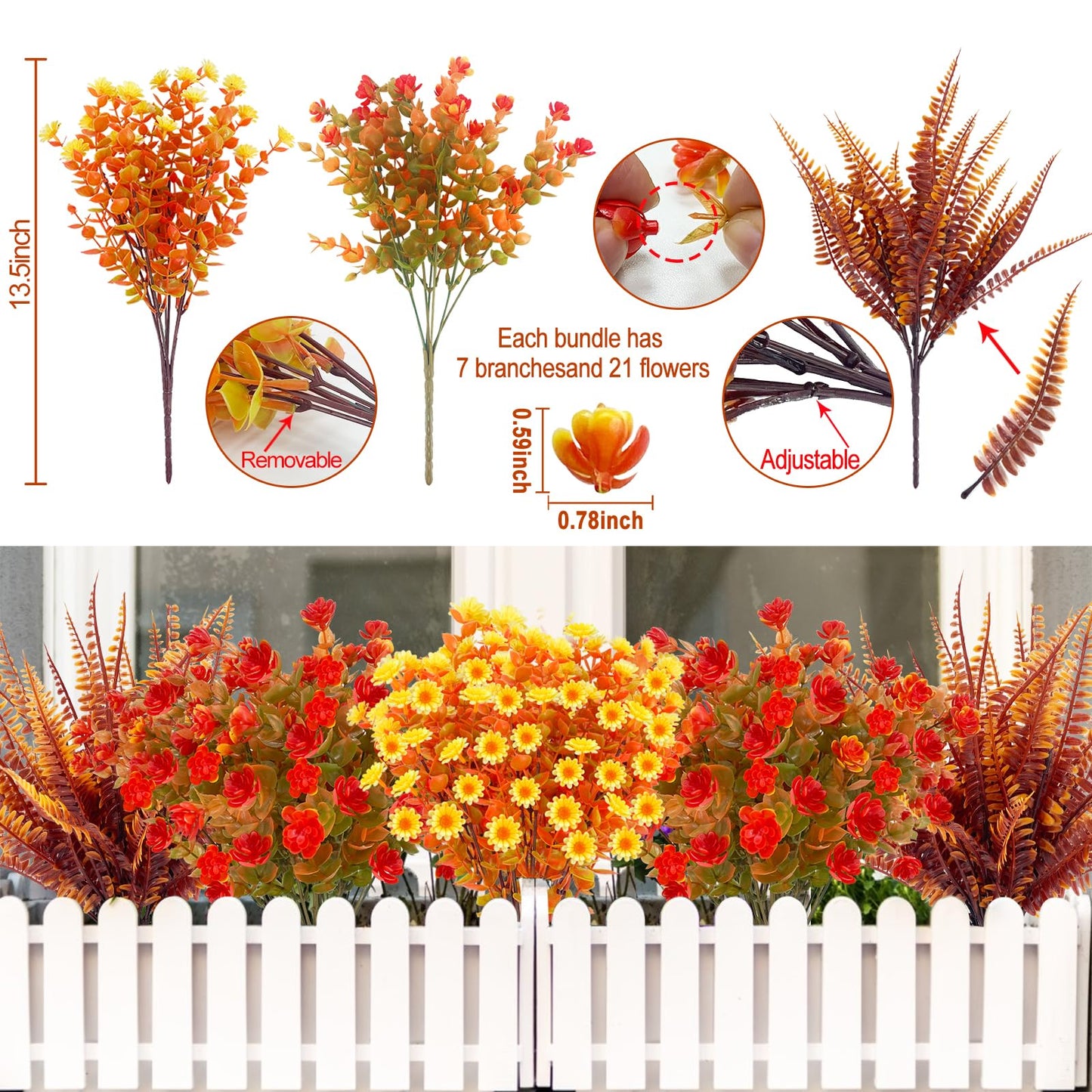 TURNMEON 20 Bundles Artificial Fall Flowers Fall Decorations for Home-UV Resistant Fake Mums Artificial Flowers for Outdoors Faux Plant Plastic Flowers Gardens Porch Autumn Thanksgiving Fall Decor
