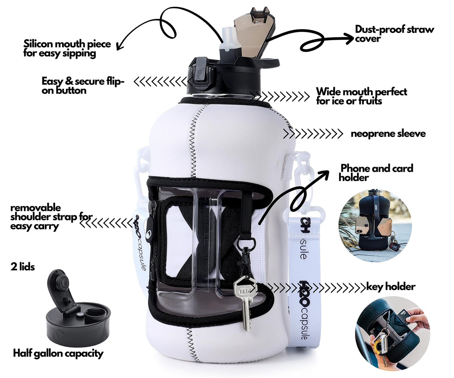 H2O Capsule 2.2L Half Gallon Water Bottle with Storage Sleeve and Covered Straw Lid – BPA Free Large Reusable Drink Container with Handle - Big Sports Jug, 2.2 Liter (74 Ounce) Canvas White