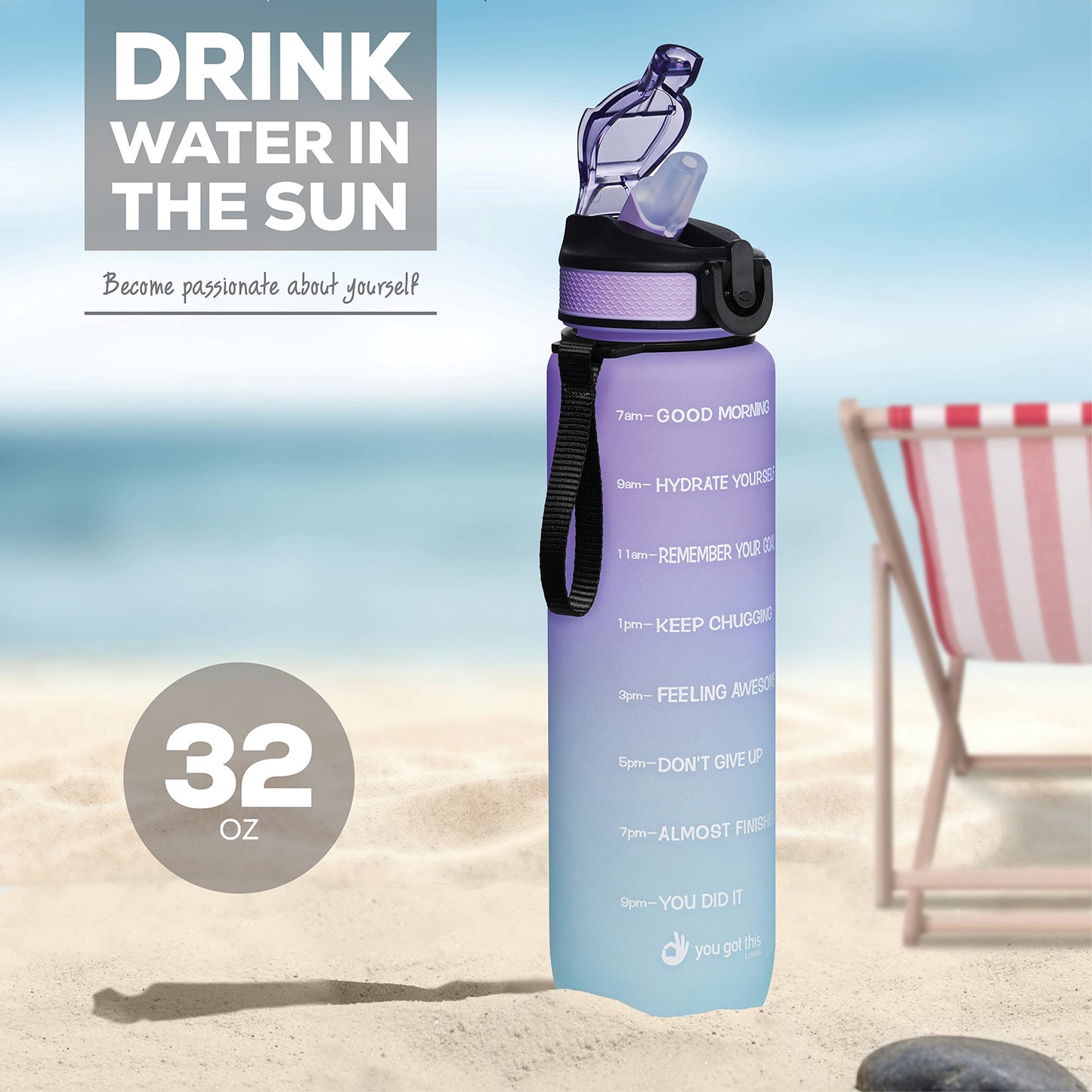 YOU GOT THIS LIVING Motivational Water Bottle with Time Marker, 32 oz Water Bottle, Sports Water Bottle with Spout, Achieve All-Day Hydration SpillProof, BPA FREE