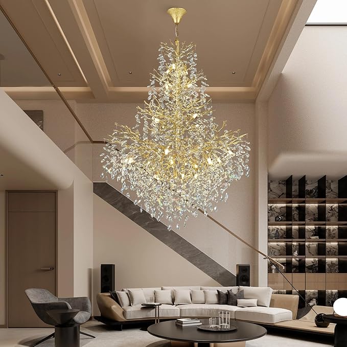 H65'' Gold Crystal High Ceilings Chandeliers Staircase Chandeliers Modern Crystal Tree Branch Chandelier, D48'' Foyer Chandelier for High Ceiling Luxury Large Living Room Chandelier, 27-Lights