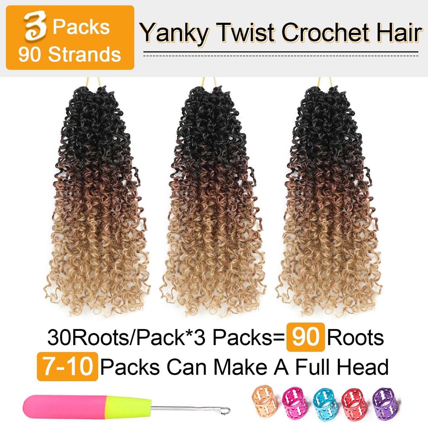 Aksice 10 Inch 3 Packs Yanky Twist Crochet Hair for Women Pre-looped Mini Twist Hair Bohemian Passion Twist Crochet Hair Boho Crochet Braids Synthetic (1B/30/27)
