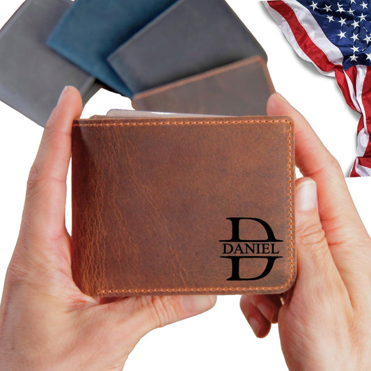 Personalized Wallet for Men - Top Grain Leather Wallets with Engraved Name & initial -Custom in 5 Colors & 6 Designs- Ideal Gift for Husband, Dad, Boyfriend, Anniversaries & Birthday Gifts for Men