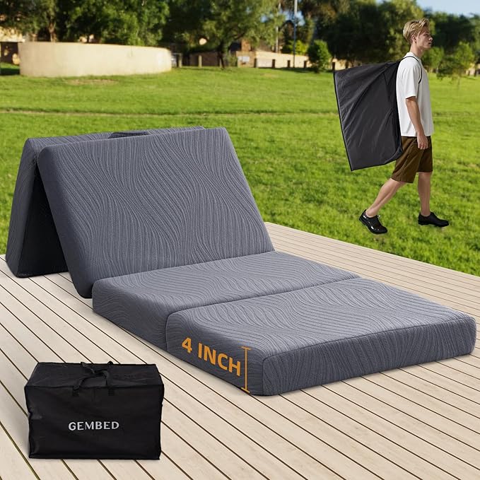 Memory Foam Camping Mattress Pad, 4 Inch Thick Waterproof Foldable Sofa Bed Floor Mattress, Portable Sleeping Pad for Adult, Sleeping Mat for Travel RV Camping Guest Yoga