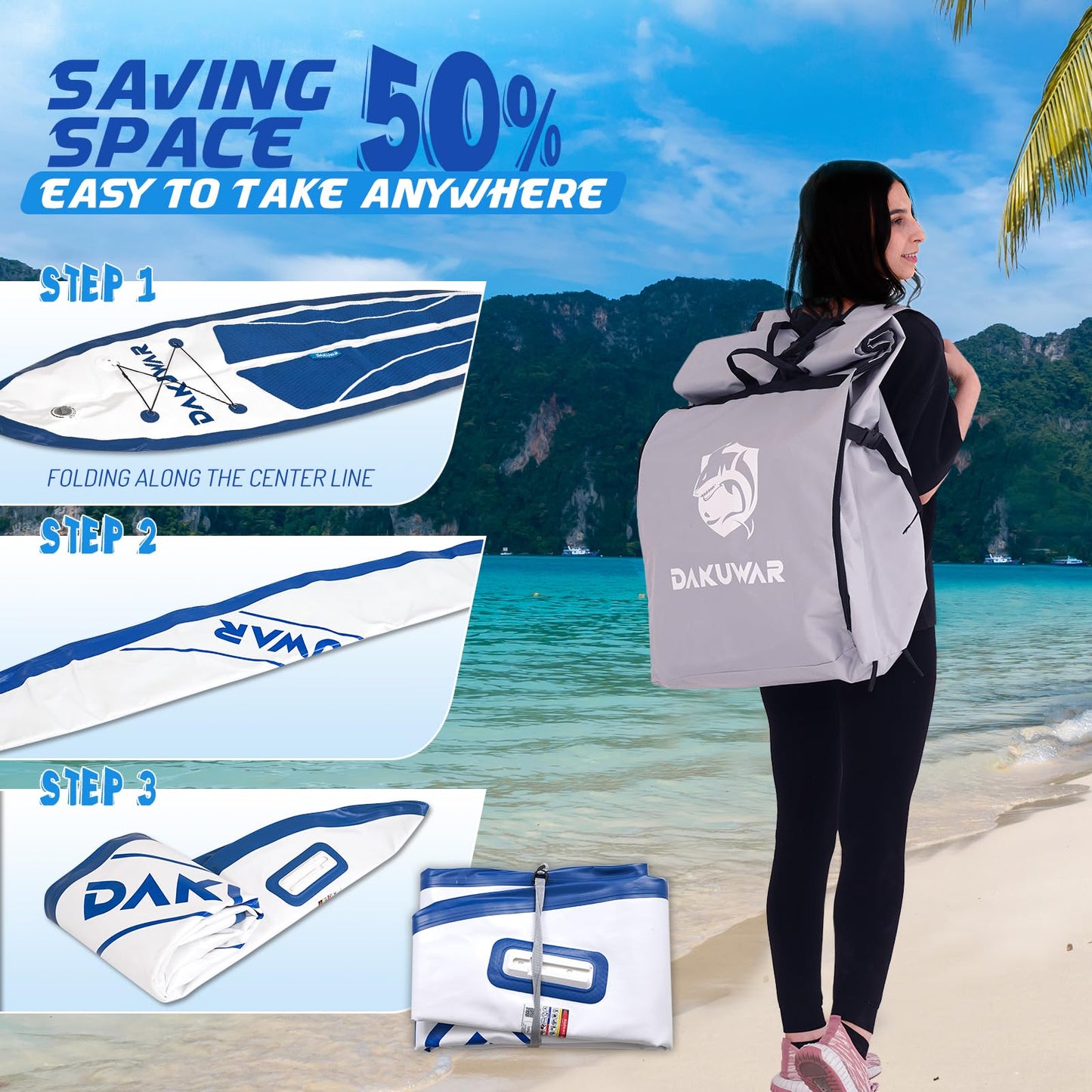 DAKUWAR Inflatable Paddle Board 10'x31.5''x6'' Folding Stand up Paddle Boards with SUP Accessories Valve Adaptor/2 fins/SUP Backpack/Ankle Leash/Repair Kit (Deep Blue and White)