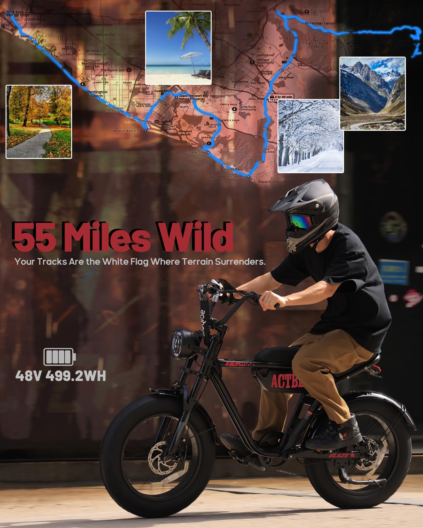 ACTBEST Blaze 16×4" Electric Bike for Teens/Adults,Peak 1200W, 48V 499Wh, 55Miles Fat Tire All-Terrain Electric Mountain Bike, Full Suspension,UL2849 Electric Motorcycle on Mountains/Snow/Sandy,R