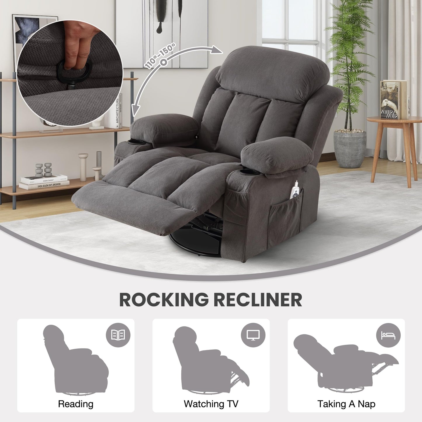 BOSMILLER Rocker Recliner Chair with Heat and Massage, Swivel Recliner Chairs for Living Room, with Cup Holders, Side Pockets and USB,Grey