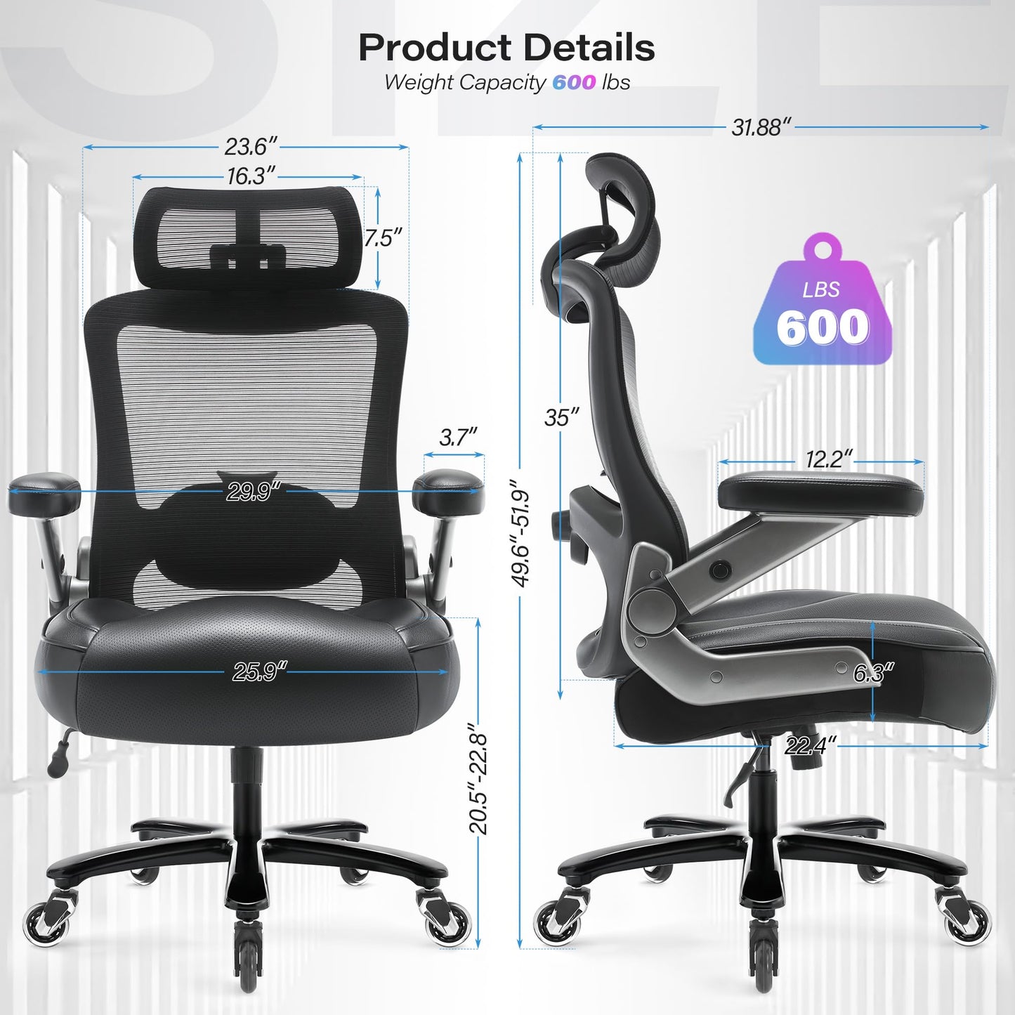 Big and Tall Office Chair 600lbs with 3D Flip Arms Adjustable Headrest - Heavy Duty Large Wheels Executive Computer Desk Chair, Ergonomic Lumbar Support Mesh High Back Plus Size Chair for Adults