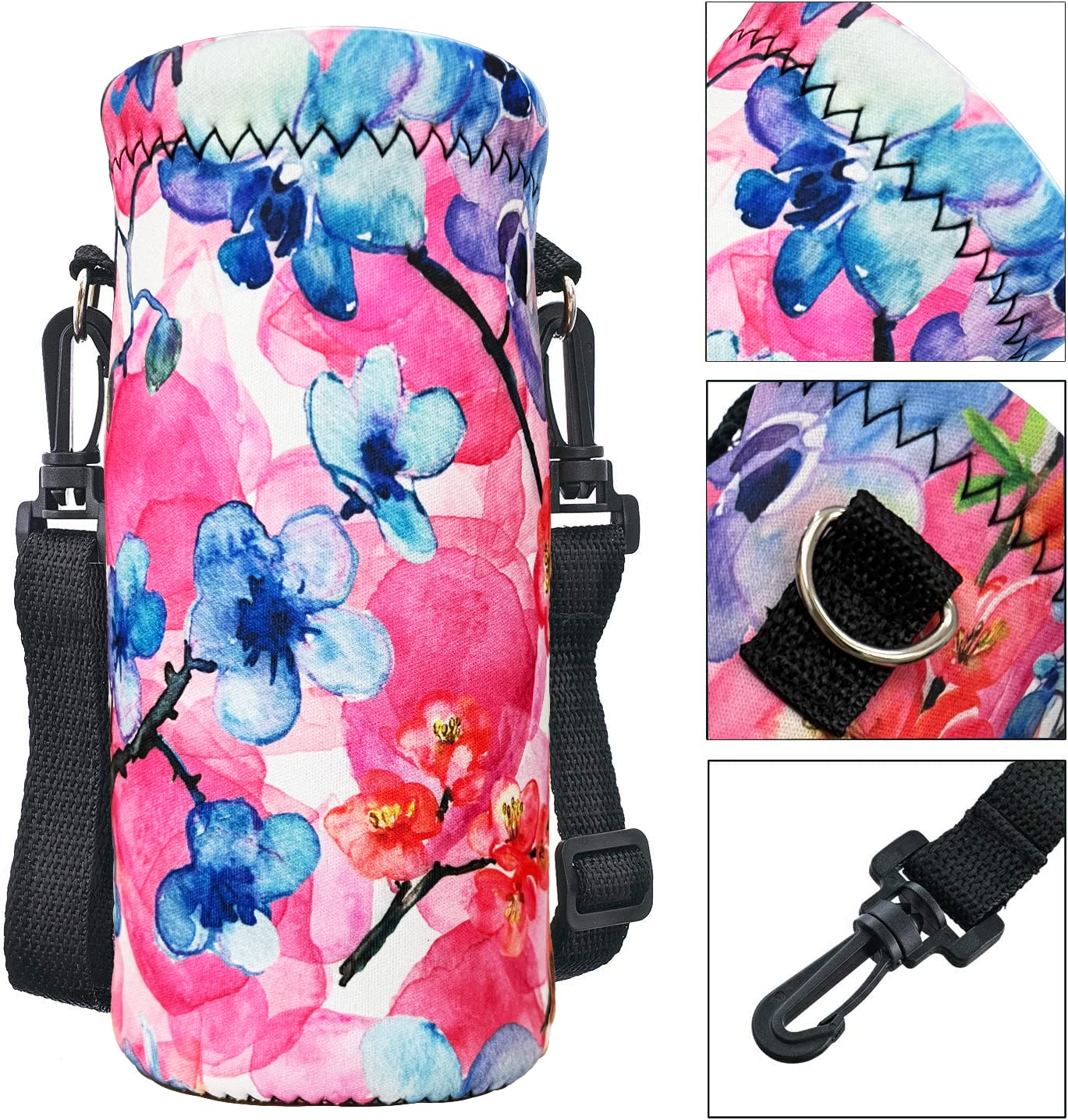 RICHEN Neoprene Water Bottle Carrier Bag with Adjustable Shoulder Strap,Insulated Water Bottle Cover for 500ml/16oz Stainless Steel/Glass/Plastic Bottles (Watercolor Flowers,500ML)