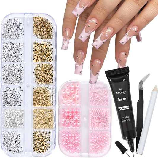 VOTACOS Nail Art Pearls With Rhinestones Glue Gel, Flatback Charms, Luxurious Supplies Accessories, Gold Silver Gems Jewelry for Women Design, Pink
