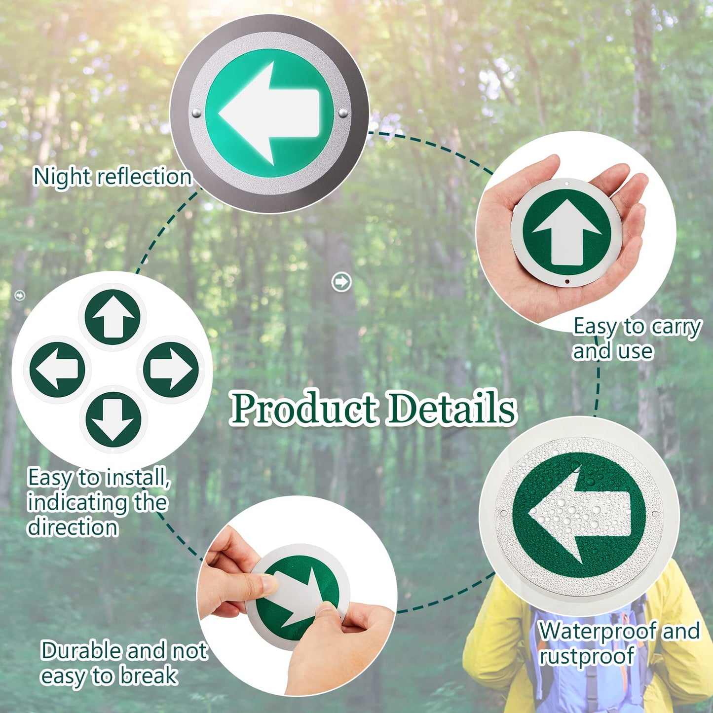 Amylove 24 Pieces Bright Reflective Trail Markers Round Bin Marker with Reflective Tacks Aluminum Signs Thumb Tacks for Hunting Hiking Camping and More (Green)