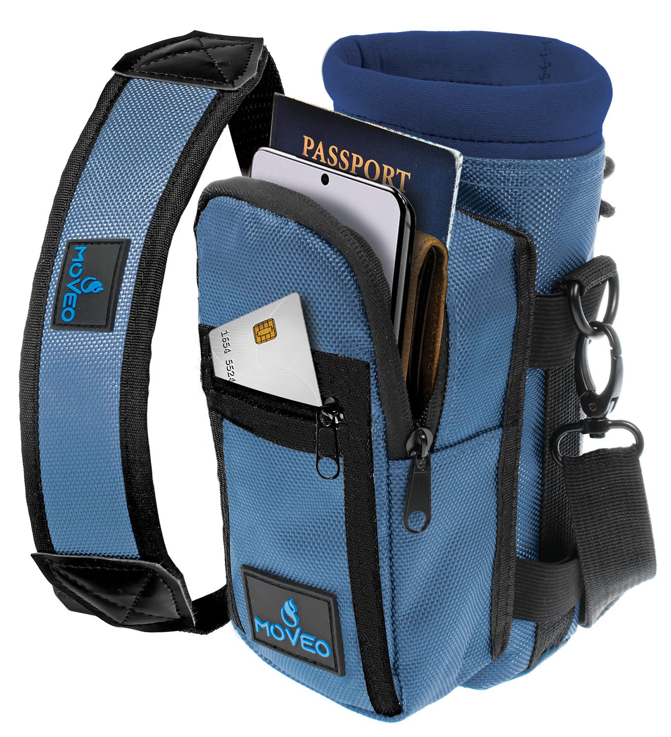 Moveo Water Bottle Holder/Carrier, Insulated w/Adjustable Shoulder Strap & Front Pockets - Comfortable Crossbody Water Bottle Holder - Water Bottle Sling Fits 16oz to 25oz Bottles