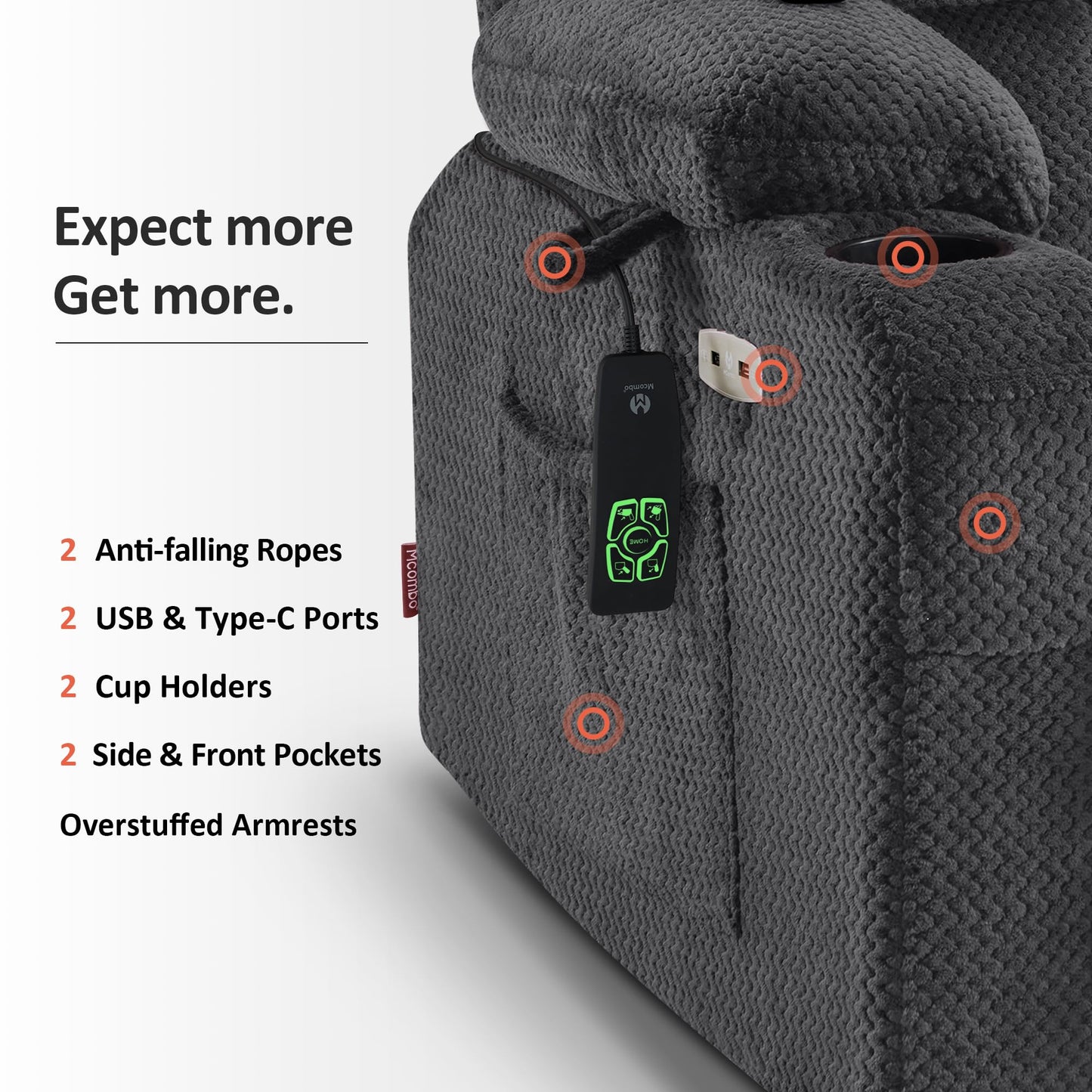 MCombo Dual Motor Power Lift Recliner Chair with Massage and Heat for Elderly People, Infinite Position, USB Ports, Cup Holders, Fabric 7890 (Medium, Dark Gray)