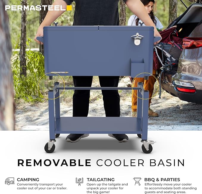 Permasteel Party Cooler with Removable Basin, Spacious 80-Qt Capacity, Rolling Ice Chest for Indoor and Outdoor Entertainment Azure + Bonus Cover