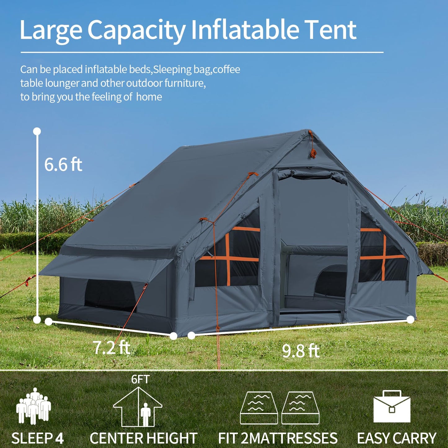 Inflatable Tent with Pump, 4-6 Person Glamping Camping Tents House, Easy Setup Blow Up Family Tents for 4 Seasons Waterproof Inflatable Tent for Camping with Mesh Windows.