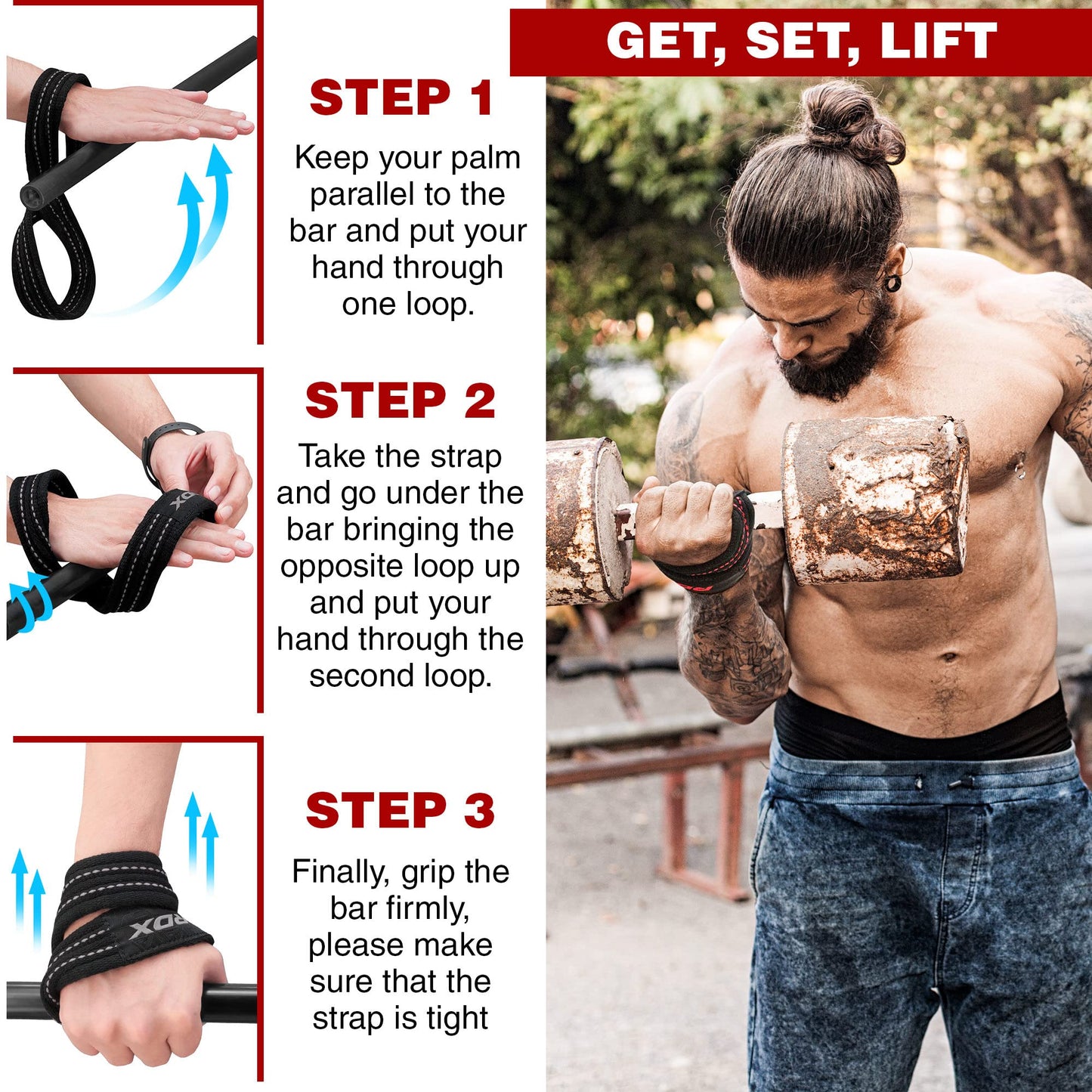 RDX Weight Lifting Straps Figure 8, Anti Slip Strap with cuffs wrist Support for Gym Workout Deadlift Powerlifting Bodybuilding Weightlifting, Fitness Strength Training, Hand Bar Grip for Men