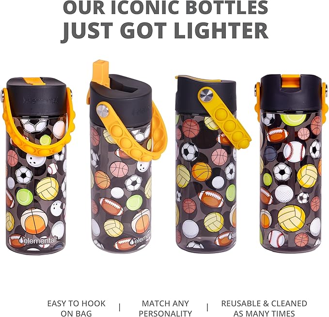 Elemental Leak Proof Water Bottles for Kids - Splash Kids Water Bottle for School with Fun Fidget Pop-it Handle - Tritan Plastic Water Bottle with Straw - Sports Ball & Construction - 18oz (2 Pack)
