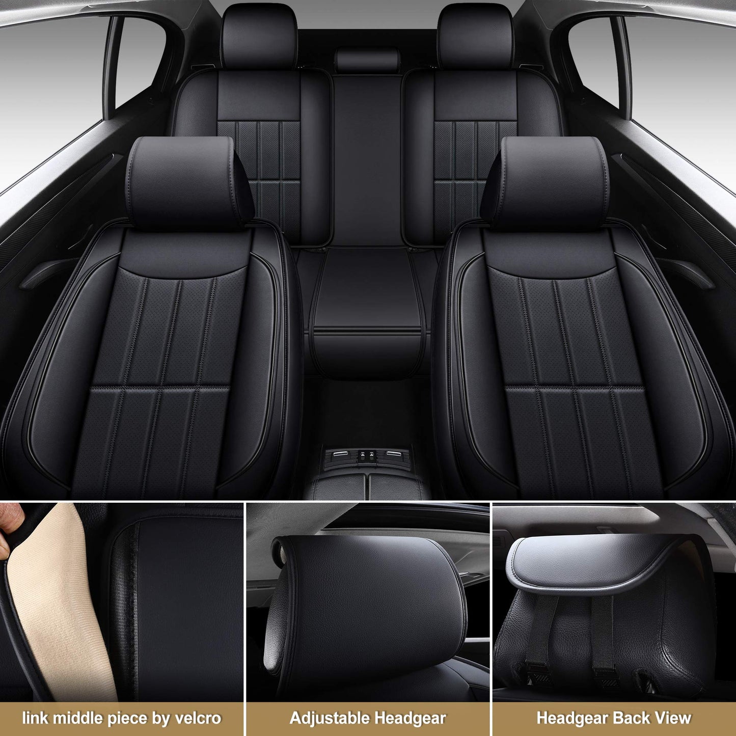 AOOG Leather Car Seat Covers, Automotive Vehicle Cushion Cover for Cars SUV Pick-up Truck, Universal Non-Slip Vehicle Cushion Cover Waterproof Protectors Interior Accessories, Full Set Black