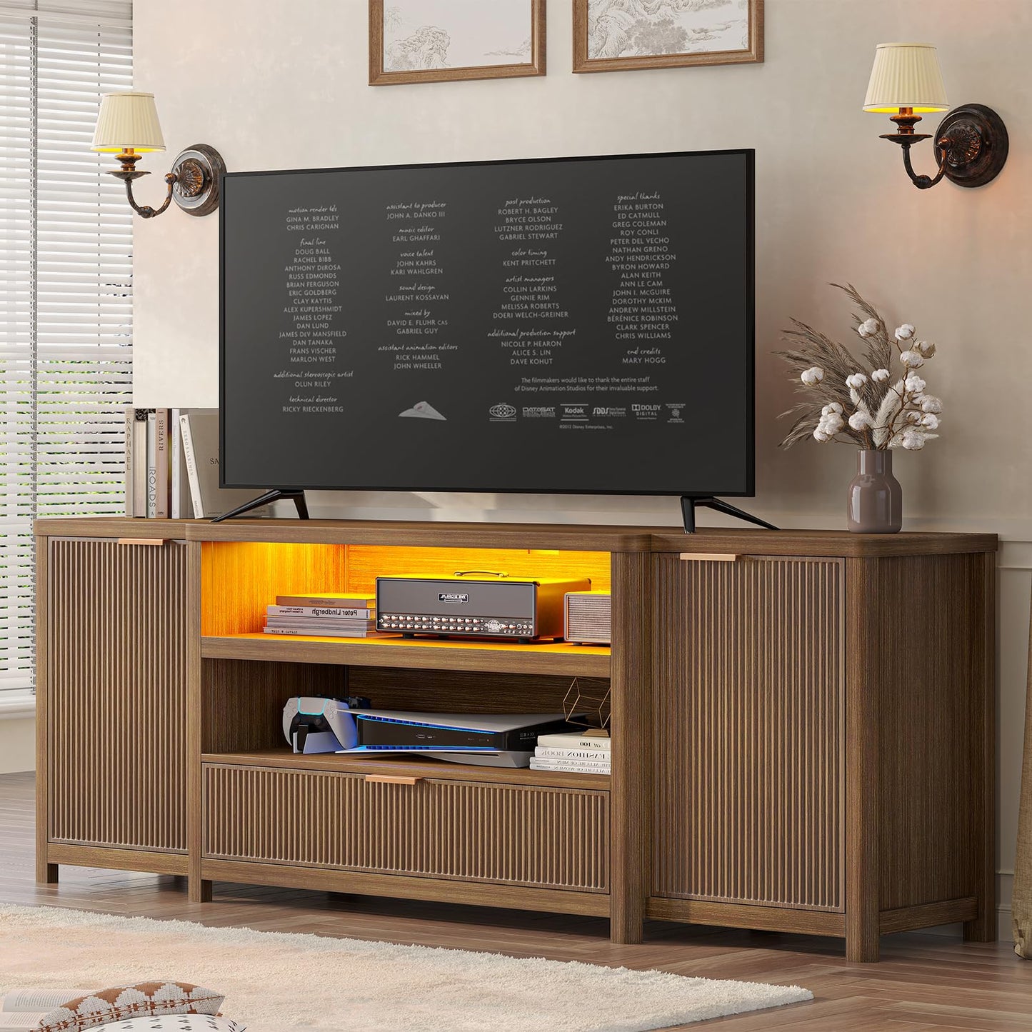 AOGLLATI Fluted TV Stand for Living Room, 71” Heavy-Duty TV Console Cabinet with Storage and Shelf, Mid Century Modern Television Stands with Drawers for 60/65/70/75/80 TV, Wood (Wood)