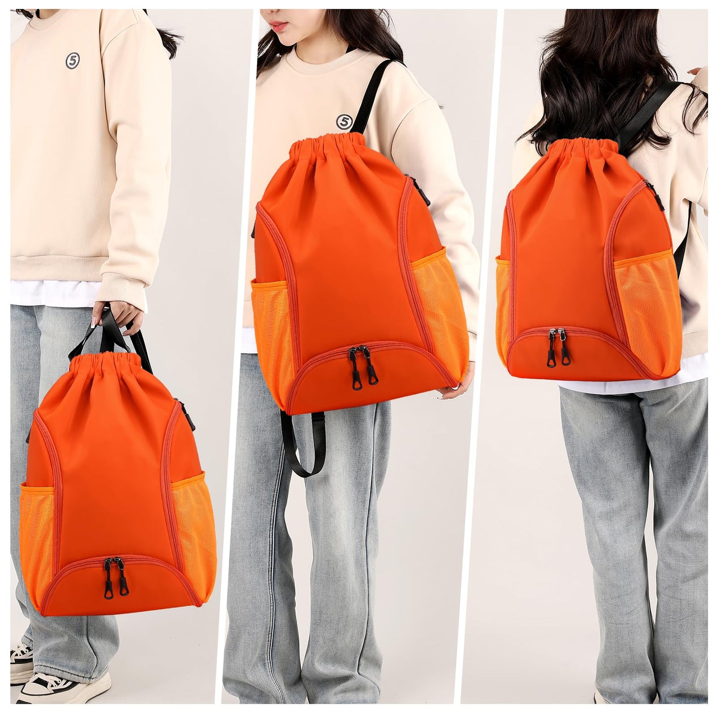Valleycomfy Sports Gym Bag Drawstring Backpack with Shoes Basketball Bag and Two Water Bottle Holder,Drawstring Backpack for Beach, Pool and Travel,Orange