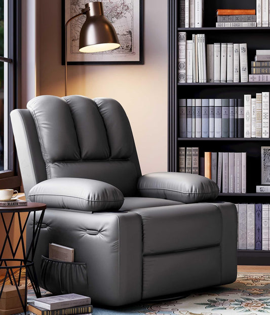 Oversized Recliner Chairs with Heat and Massage - 360° Swivel Lazy Recliner Chair for Adults- Manual Recliner Chair with Cup Holder for Living Rooms, Bedrooms and Nurseries - Grey