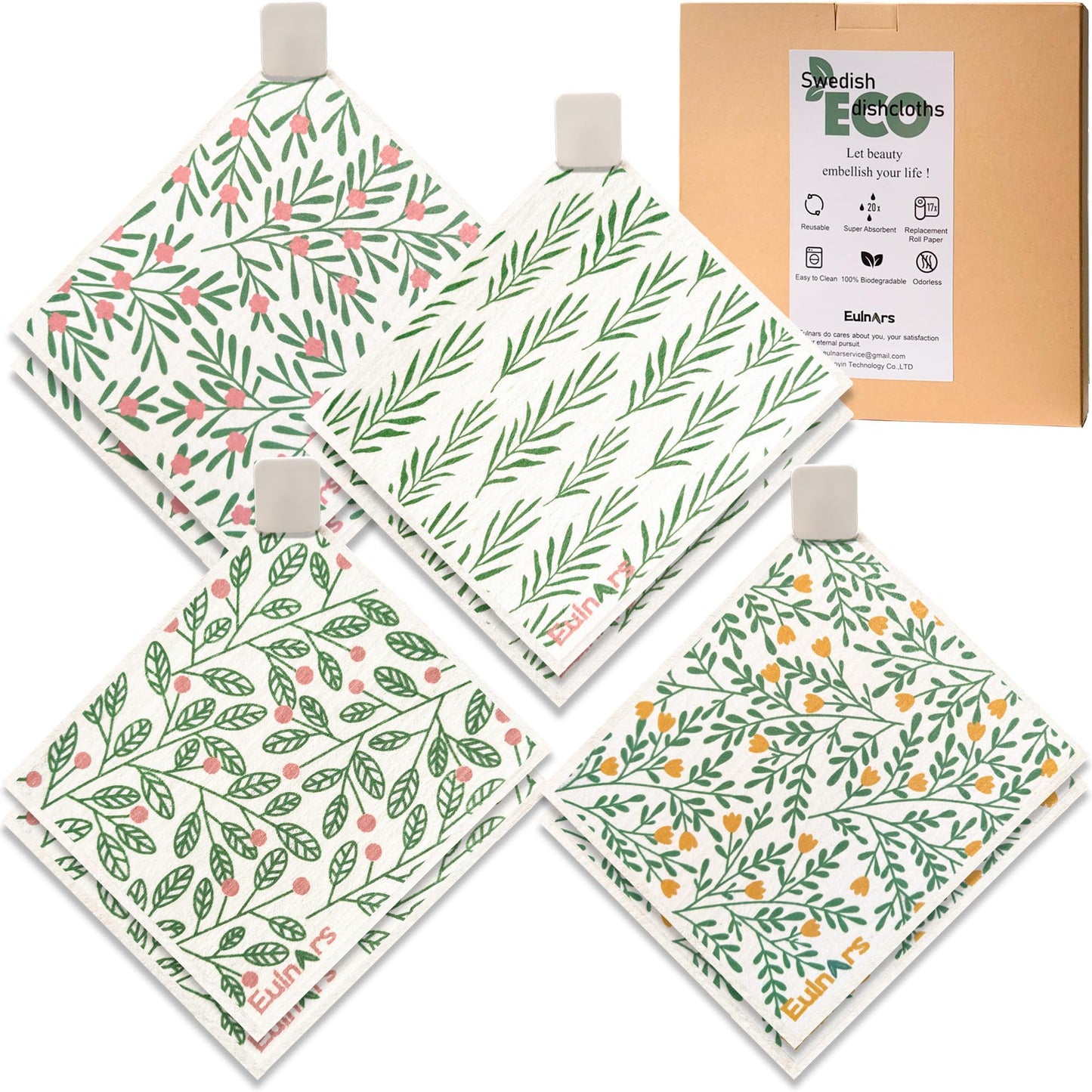 Swedish Dishcloths for Kitchen, 8 Pack Reusable Paper Towels with Clips, Non-Scratch Swedish Kitchen Towels, Super Absorbent Cellulose Sponge Cloths, Dishwasher Safe, No Odor