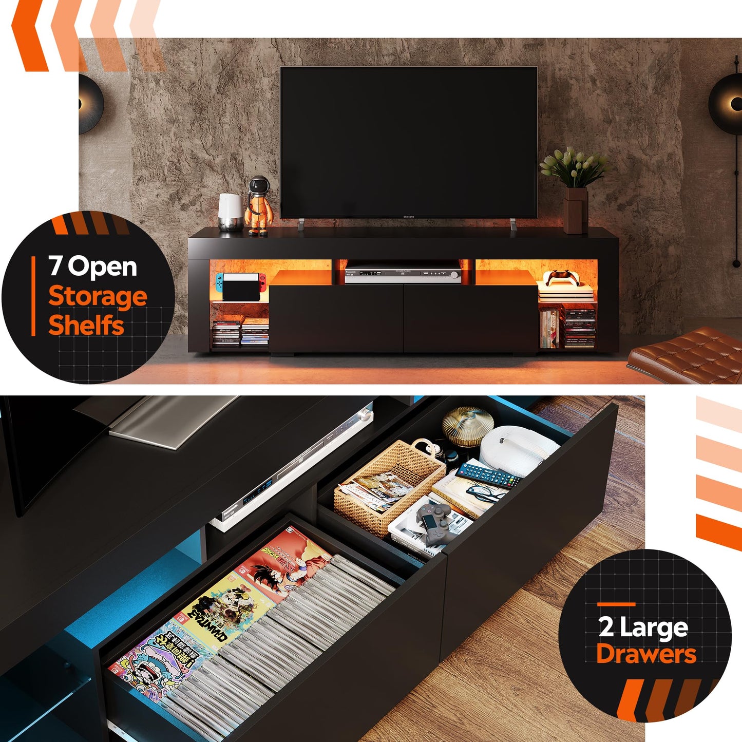 WLIVE 63 Inch TV Stand, LED Entertainment Center for 60 to 70 Inch TV, Modern TV Console with 2 Drawers, TV Stands for Living Room, Black