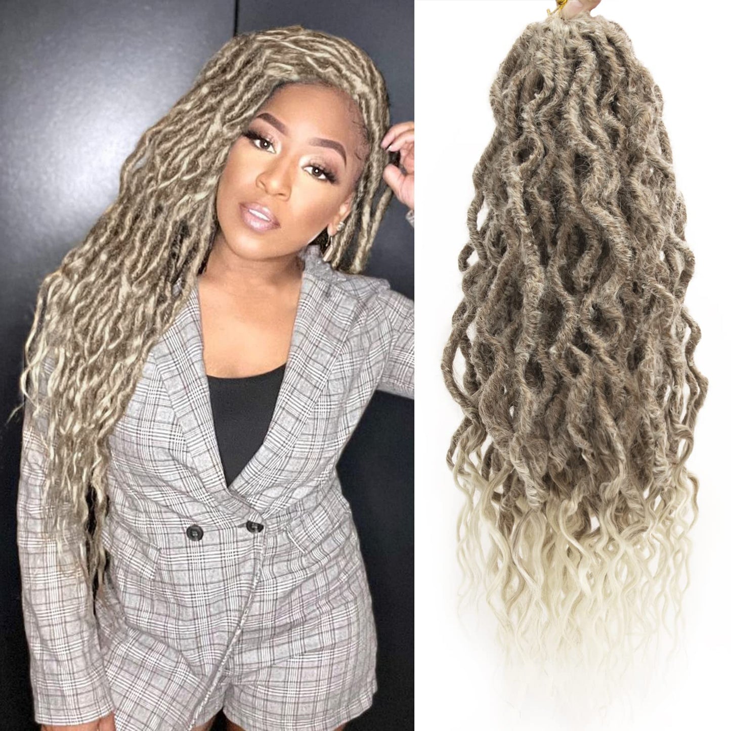 Faux Locs Crochet Hair 24Inch Wavy Pre-looped Goddess Locs Crochet Hair, 6Packs Soft Locs Curly Ends Dreadlock Crochet Locs Synthetic Crochet Hair for Black Women Human Hair (27/613, 24'')