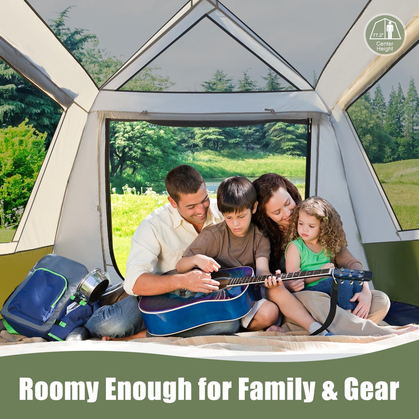 YOLENY Camping Tent, 3/6 Person Pop-Up Family Tent for Instant Setup, Spacious Interior-10' x 9', 3000mm Water-Resistant with Rainfly, 2 Windows & 2 Doors, Backpacking Tents for Travel, Hiking, Green