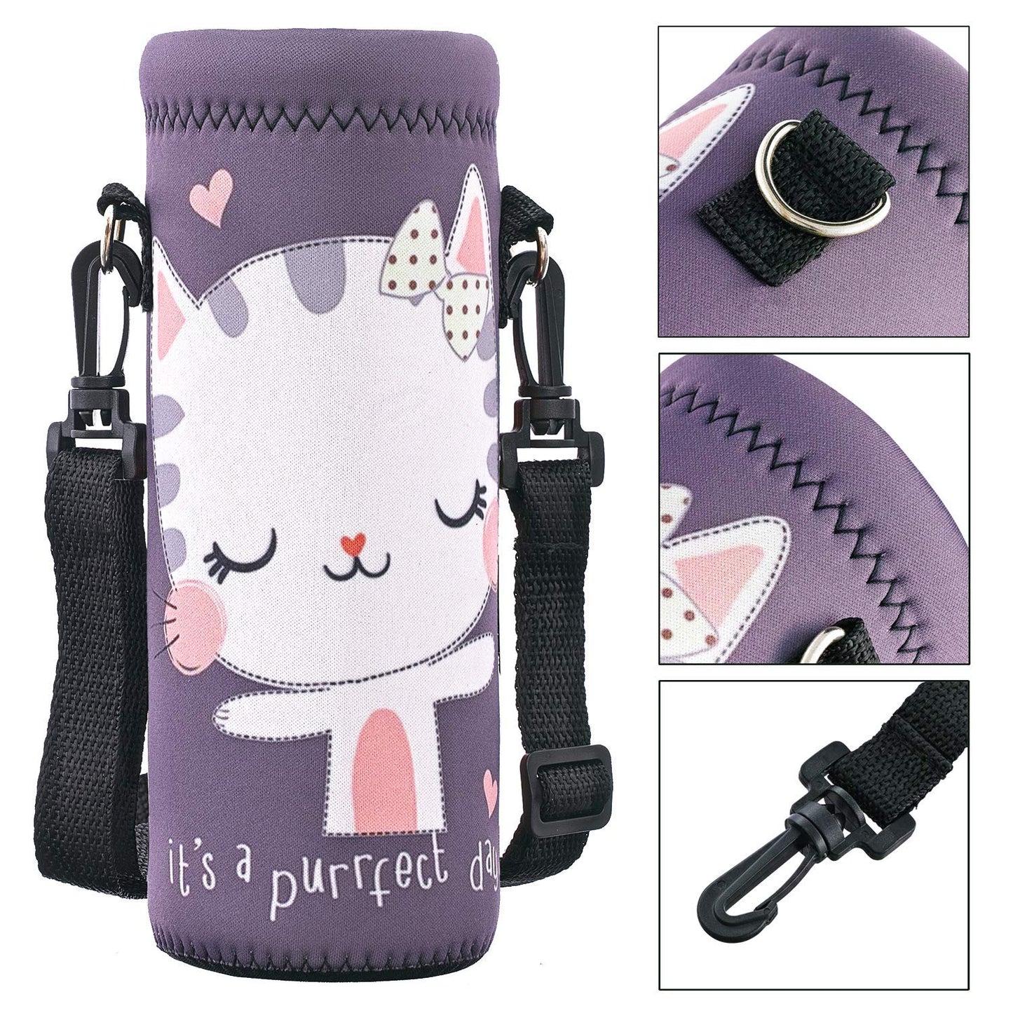 RICHEN Neoprene Water Bottle Carrier Bag with Adjustable Shoulder Strap,Insulated Water Bottle Cover for 500ml/16oz Stainless Steel/Glass/Plastic Bottles (Cute Cat,500ML)