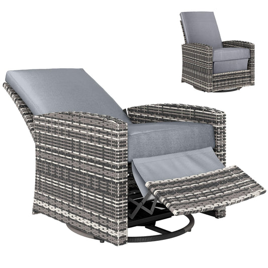 Outsunny Outdoor Wicker Swivel Recliner Chair, Reclining Backrest, Lifting Footrest, 360° Rotating Basic, Water Resistant Cushions for Patio, Gray