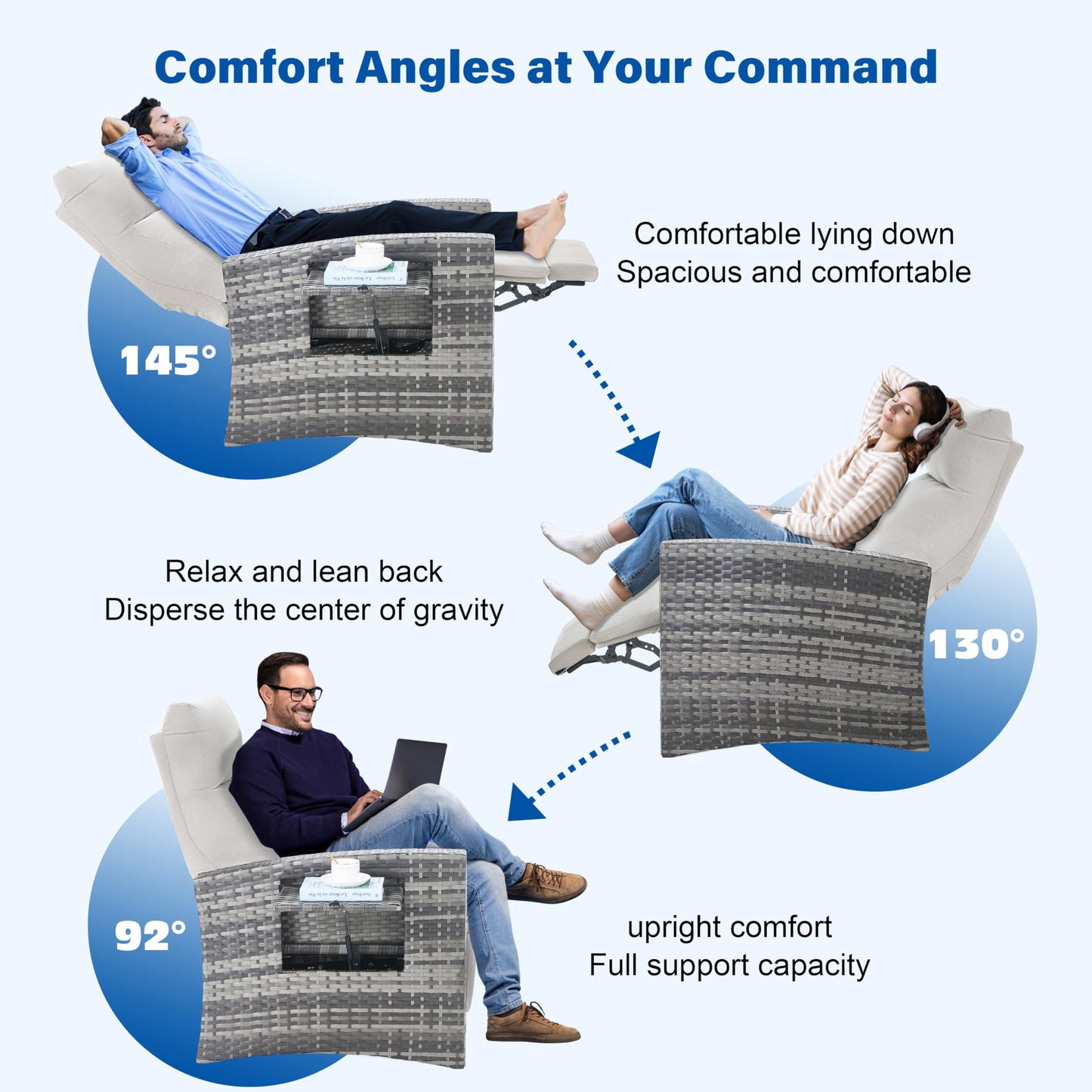 ZZW Outdoor Recliner Chair Set of 2, Wicker Patio Recliners with Adjustable Backrest 92°-145°and Extended Foot Rest, Reclining Pattio Chairs with Flip Table & Removable Cushion Cover for Porch