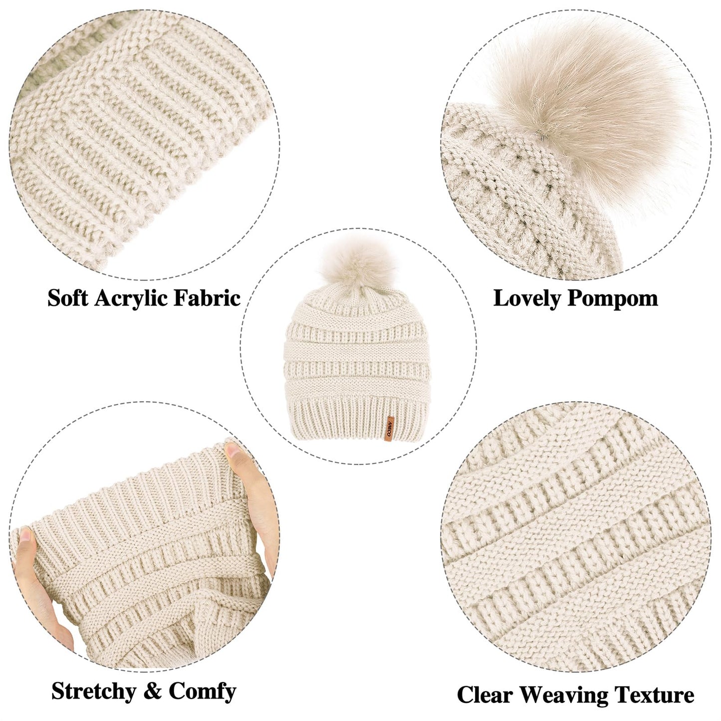 Aneco Womens Winter Warm Sets Knitted Fur Pompoms Beanie Hat Circle Loop Scarf Touch Screen Gloves Winter Favor Accessories