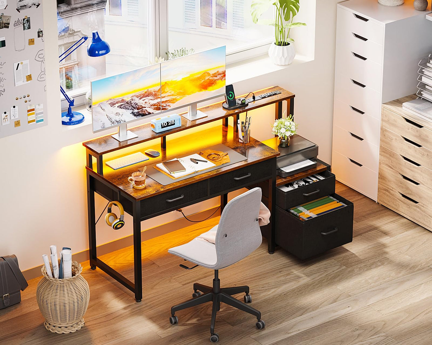 AODK Computer Desk with 4 Drawers, 48 Inch Reversible Desk with Led Lights & Power Outlet, Office Desk with File Drawer & Monitor Stand, Work Table for Home Office, Rustic Brown