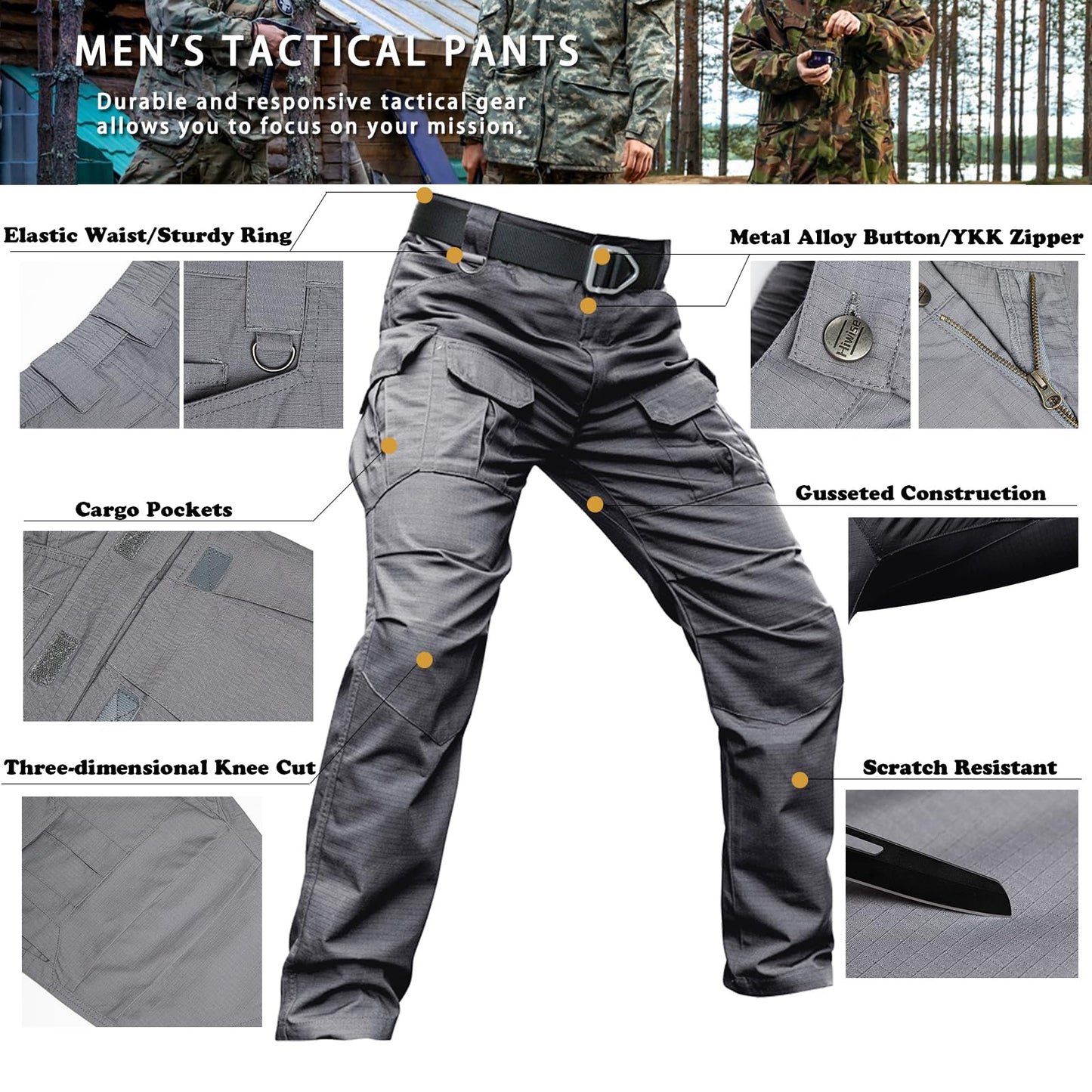 Hiwise Men's Stretch Tactical Pants Water Resistant Ripstop Cargo Pants Outdoor Lightweight EDC Work Hiking Pants (Grey, 34WX32L)