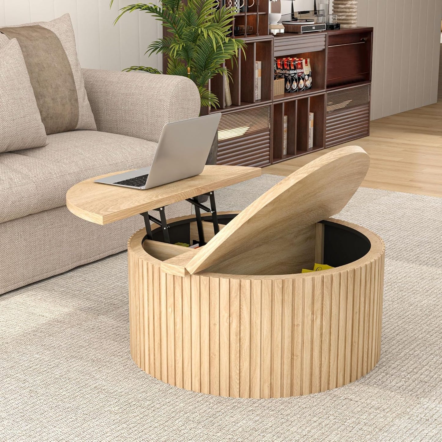 Fsbecl Round Fluted Lift Top Coffee Table with Storage, 34.6'' Farmhouse Round Coffee Tables for Living Room, Circle Wood Accent Center Table for Home, Office, Cafe (Wood Color)