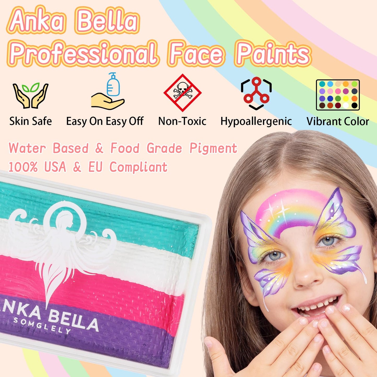 Anka Bella Professional Washable Face Paint(32gm),Water Based Face Painting Kit,Hypoallergenic & Non-Toxic,Gift for Birthday Parties/Halloween/Carnival(Sky Rainbow set)