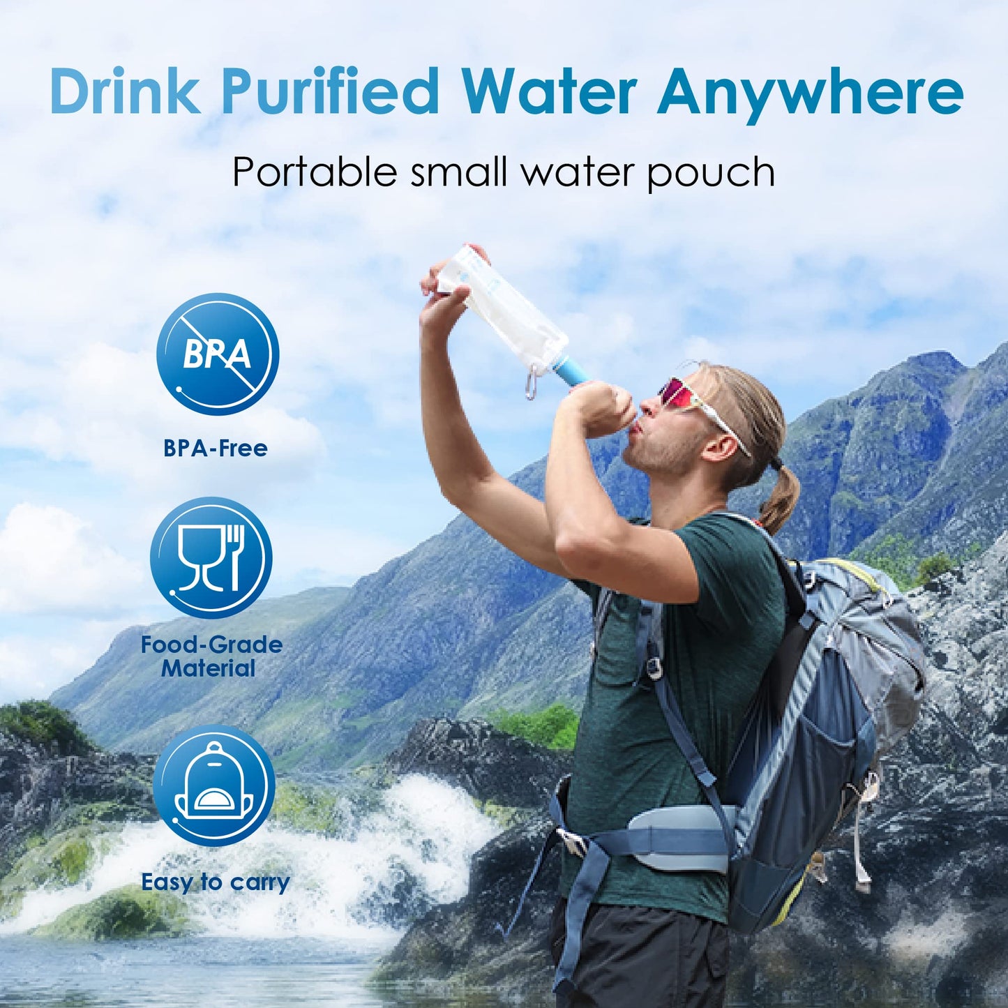 Waterdrop Gravity Water Filter Straw, Camping Water Filtration System, Water Purifier Survival for Travel, Backpacking and Emergency Preparedness, 1.5 gal Bag, 5 Stage Filtration