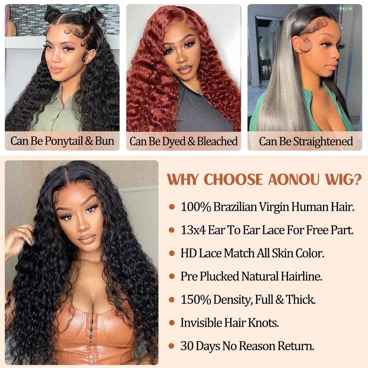 Aonou 13x4 Deep Wave Lace Front Wigs Human Hair Pre Plucked 180% Density HD Transparent Lace Closure Wigs Human Hair for Women 24 Inch Curly Frontal Wig Brazilian Virgin Human Hair (24 inch)