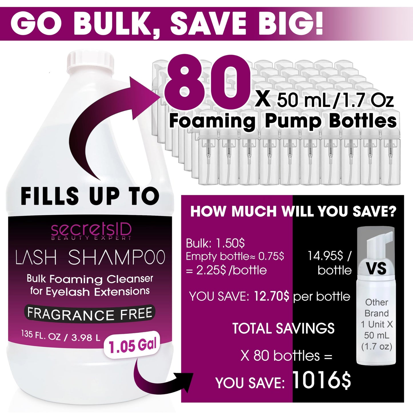 Professional Lash Shampoo for Eyelash Extensions Bulk 3.98L - 1.05 Gallon with 50 Aftercare Cards - Premium Made in North-America Eyelid Foaming Cleanser - Salon Lash and Brow Wash - Fragrance Free